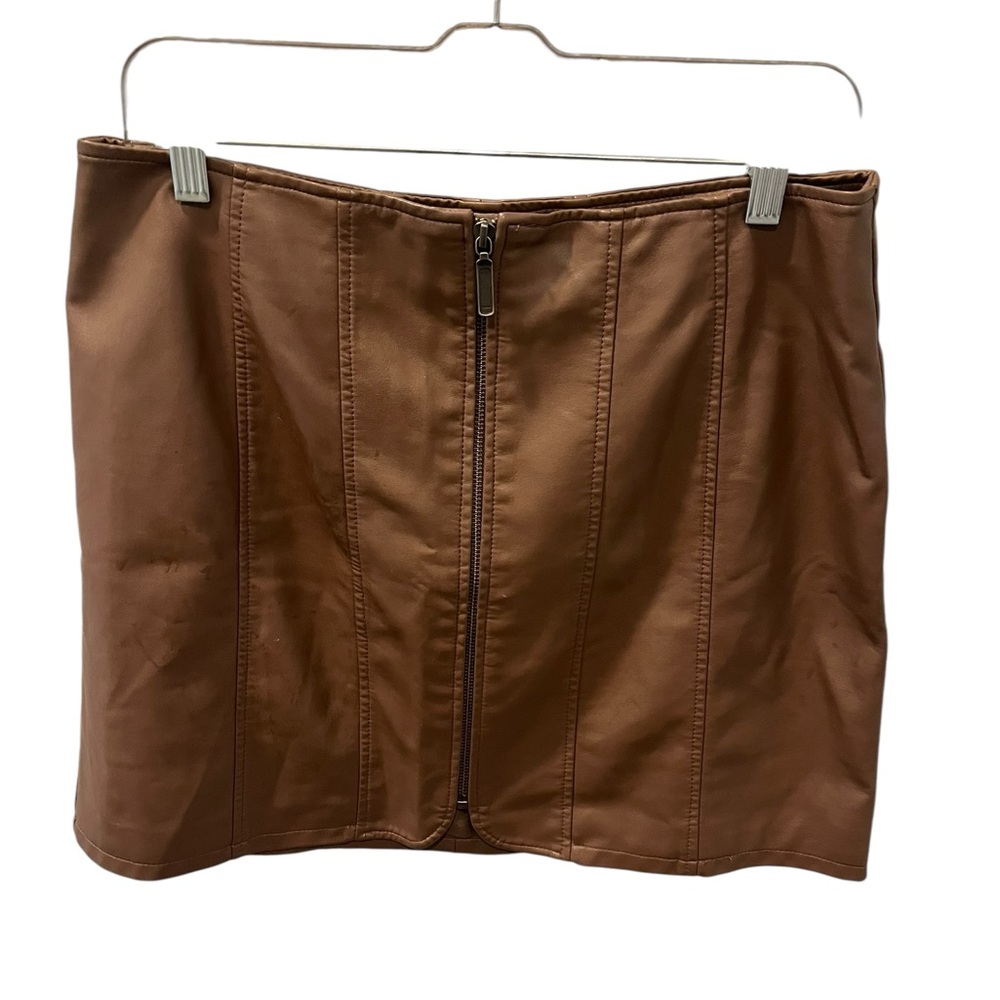Free People Vegan Leather Brown Mini Skirt Zipper Front Size 12 Lined Boho